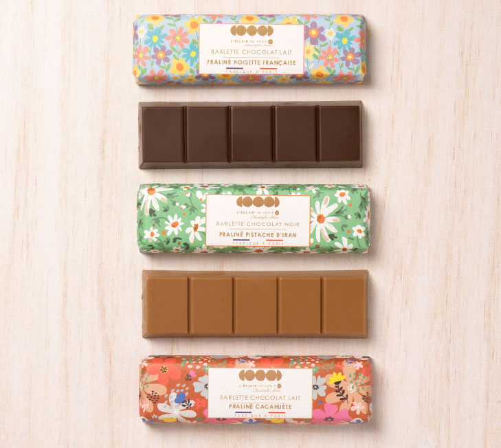 Identité visuelle packaging l'éclair de génie gamme annuel 2025 2026 Barlette de chocolat
