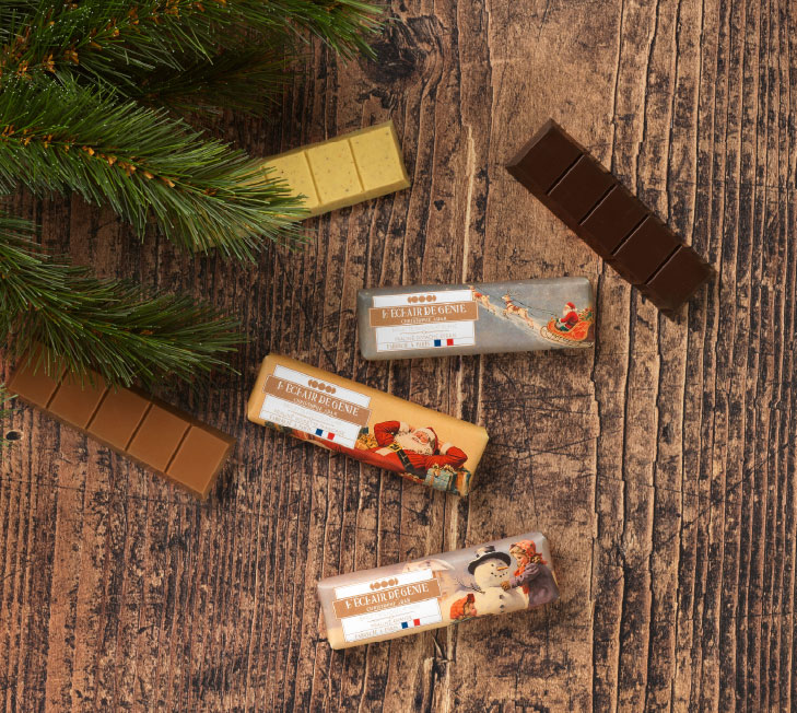 Noël 2025 Packaging identité visuelle L'Éclair de Génie Barlette de Chocolat