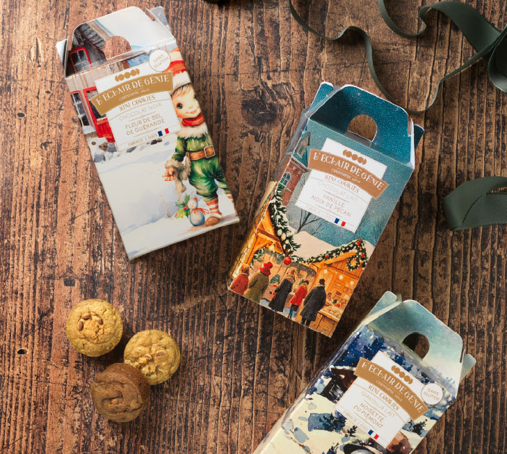 Noël 2025 Packaging identité visuelle L'Éclair de Génie Mini Cookies