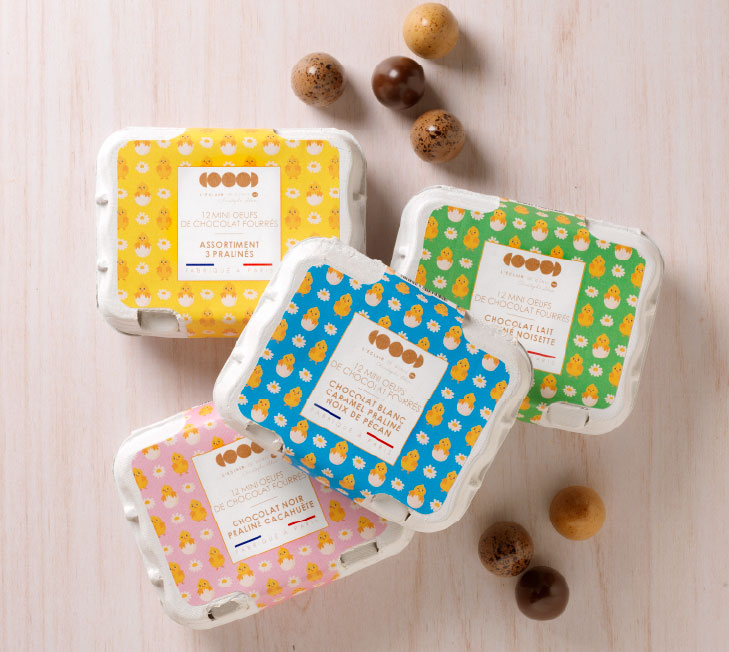 Identité visuelle packaging pâques 2026 L'Éclair de Génie Mini oeufs
