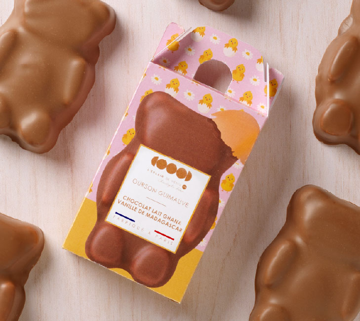 Identité visuelle packaging pâques 2026 L'Éclair de Génie Oursons Chocolat