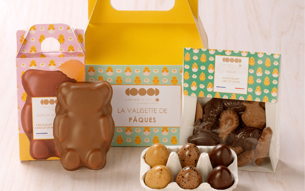Identité visuelle packaging pâques 2026 L'Éclair de Génie Valisette de pâques